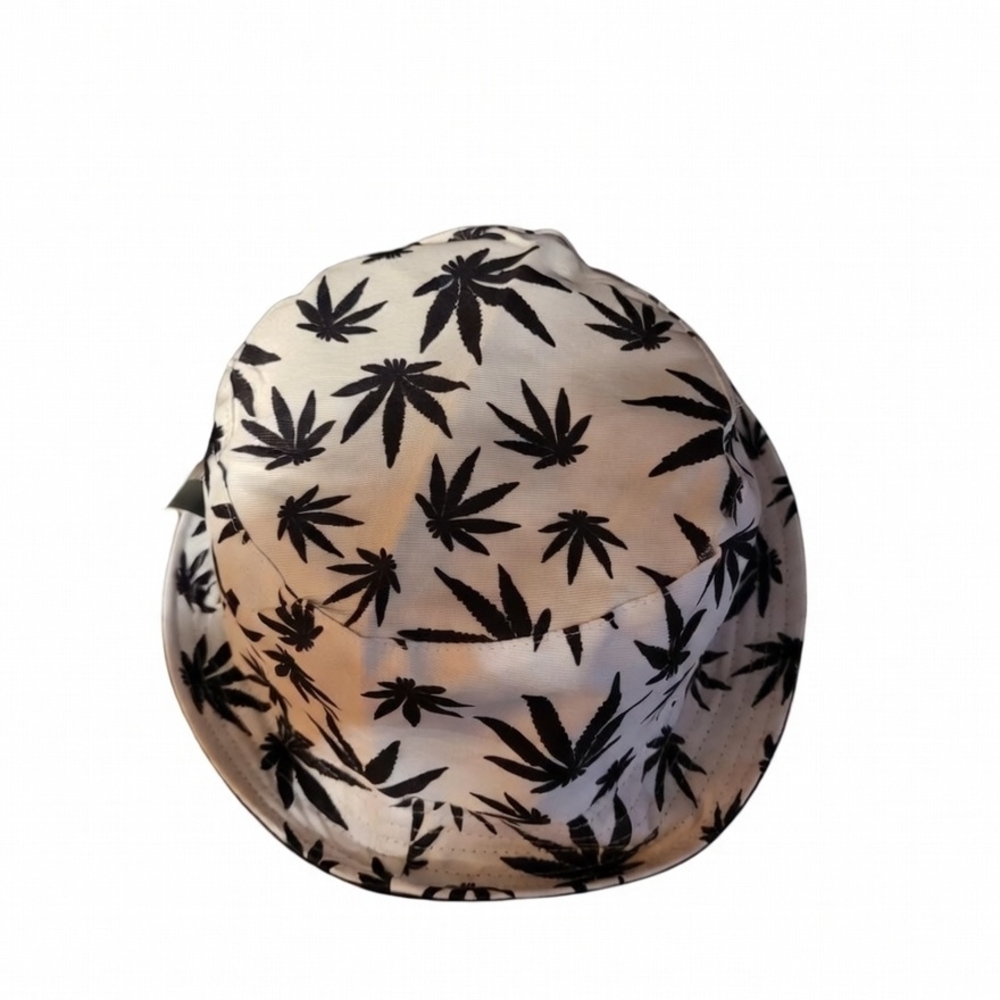 unisex White Bucket Hat with Black Leaf Print